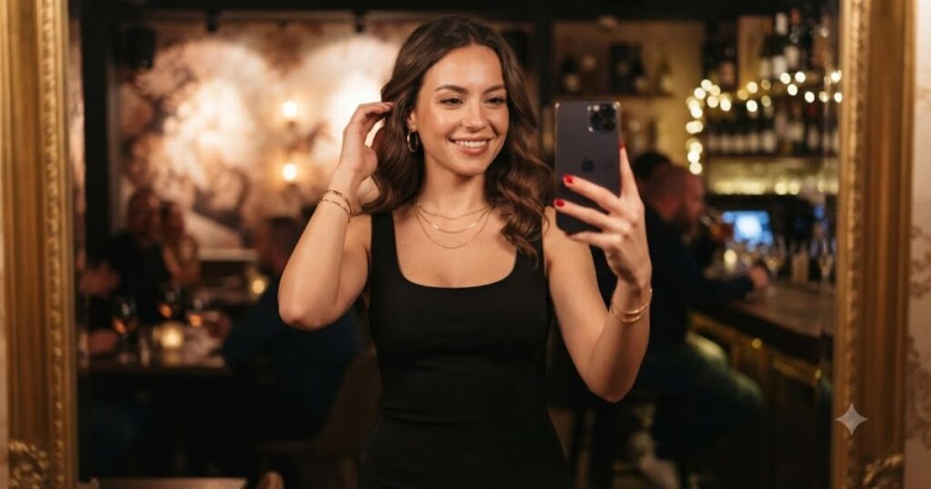 Caption on Black Dress for Selfies